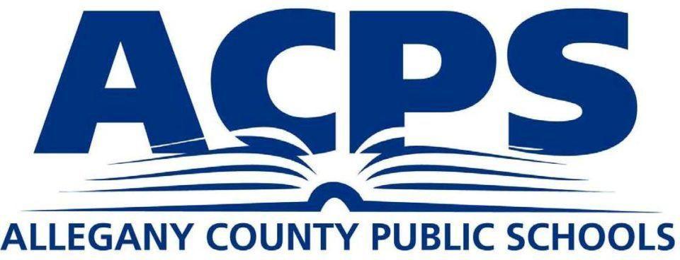 The letters in ACPS in dark blue appear above the pages of an open book with the words in dark blue Allegany County Public Schools.